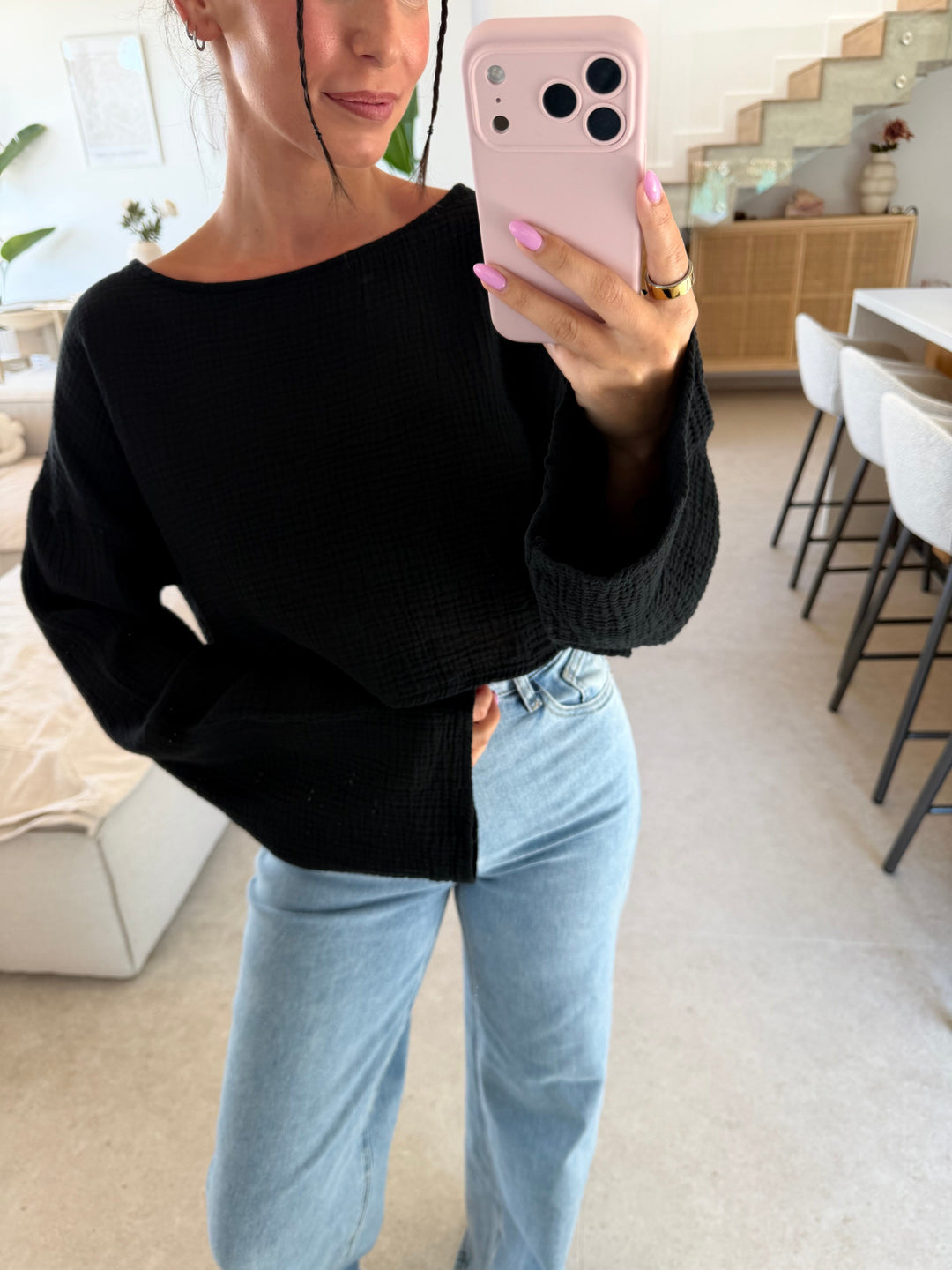 Musselin Langarmshirt - Schwarz Langarm Lisas Boutique 