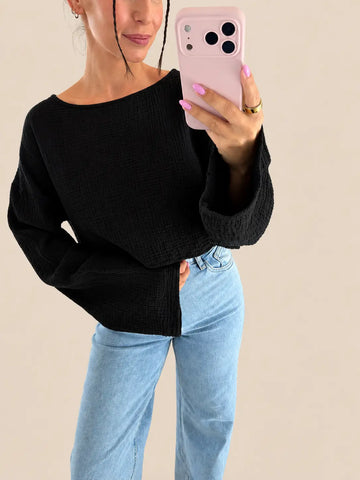 Maglia a maniche lunghe in mussola nera, vista laterale | Lisa’s Boutique