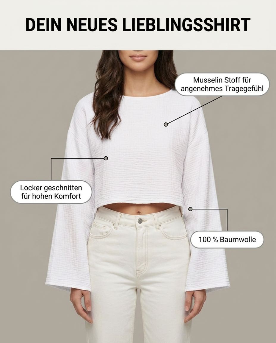 Musselin Langarmshirt Weiß – Vorderansicht | Lisa’s Boutique