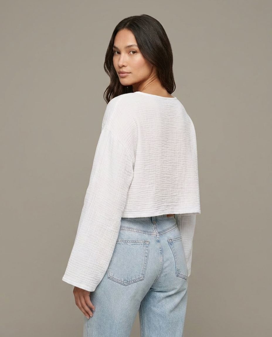 Musselin Langarmshirt Weiß Detailansicht | Lisa’s Boutique