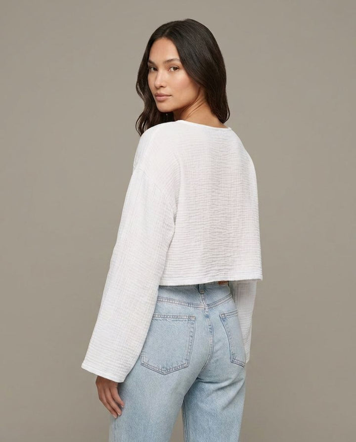 Musselin Langarmshirt Weiß Detailansicht | Lisa’s Boutique