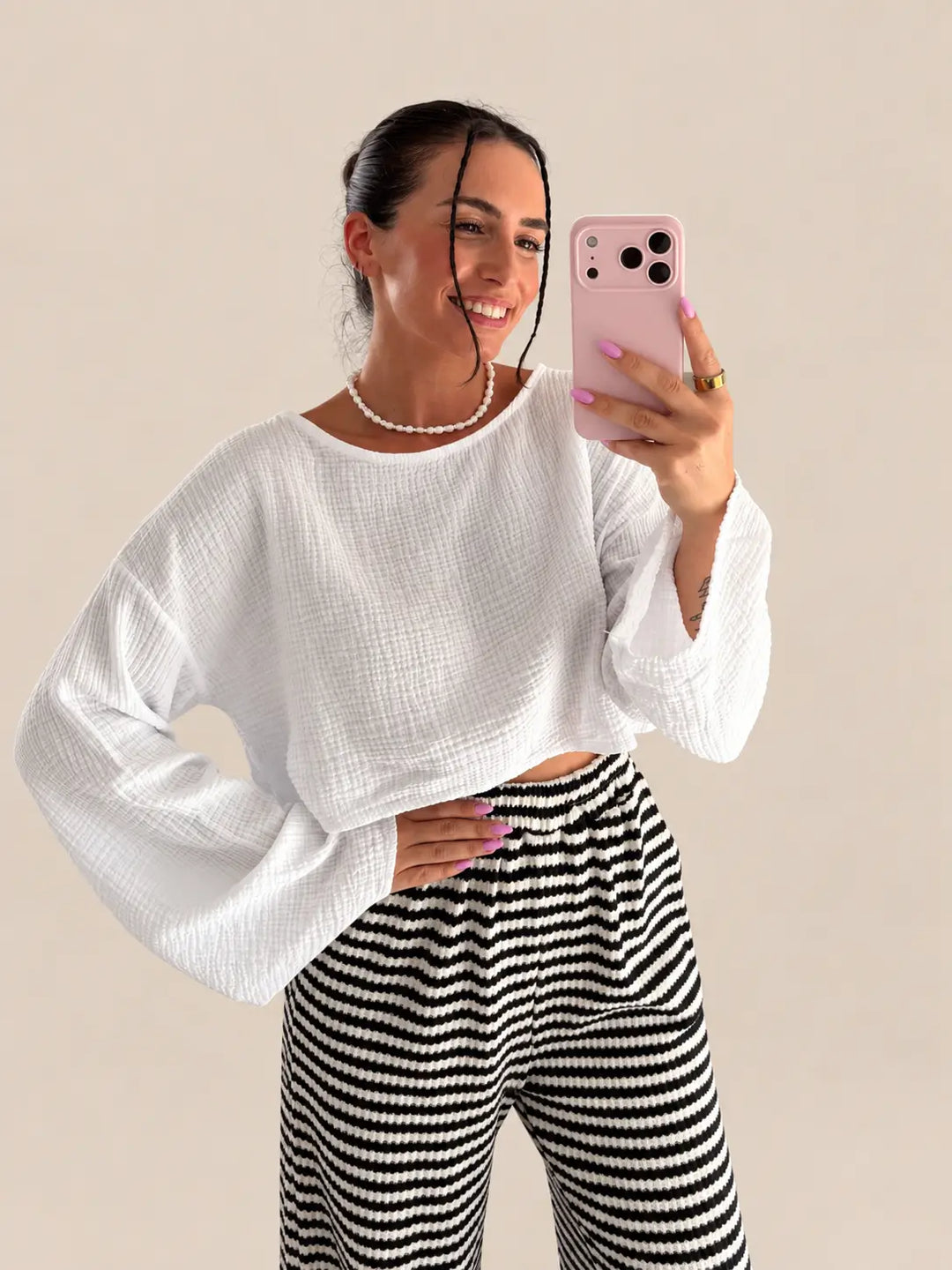 Mousseline longsleeve dames in Wit met losse pasvorm | Lisa’s Boutique