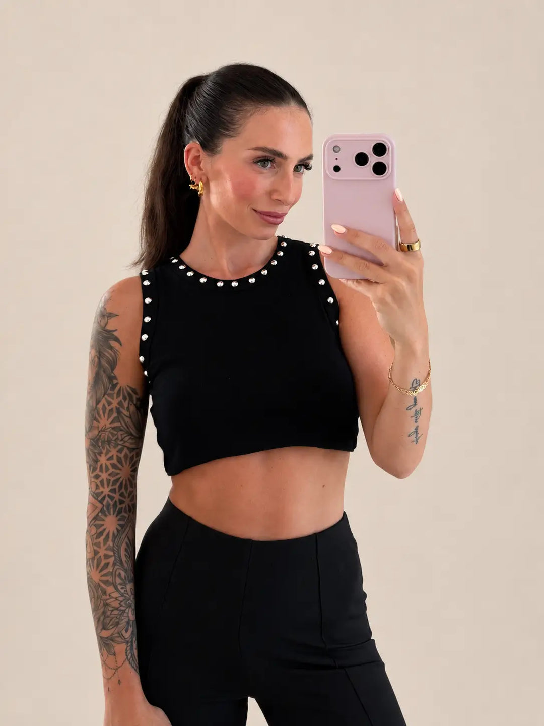 Women’s studded top in Black with a round neckline | Lisa’s Boutique