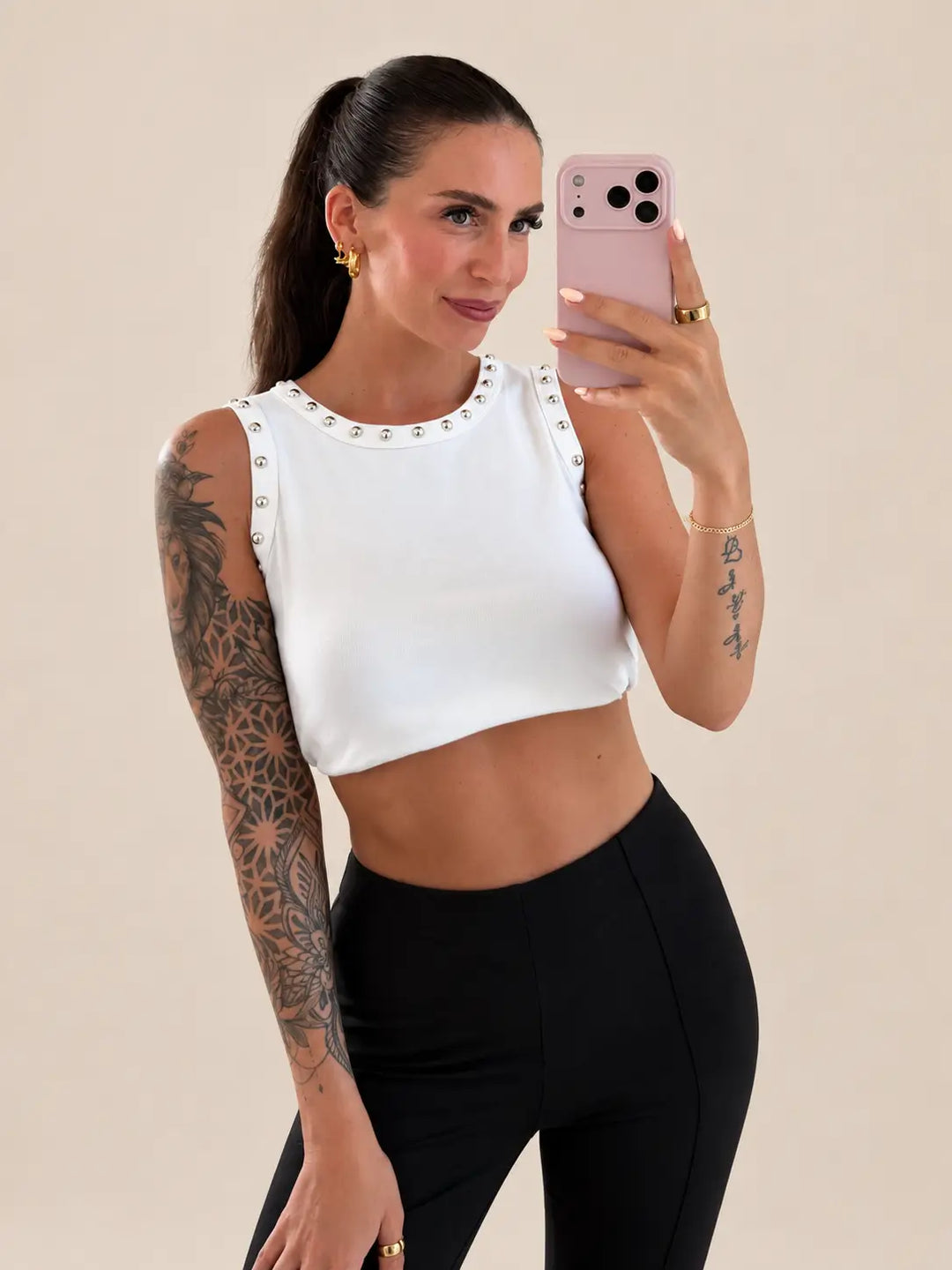 Women’s studded top in White with a round neckline | Lisa’s Boutique