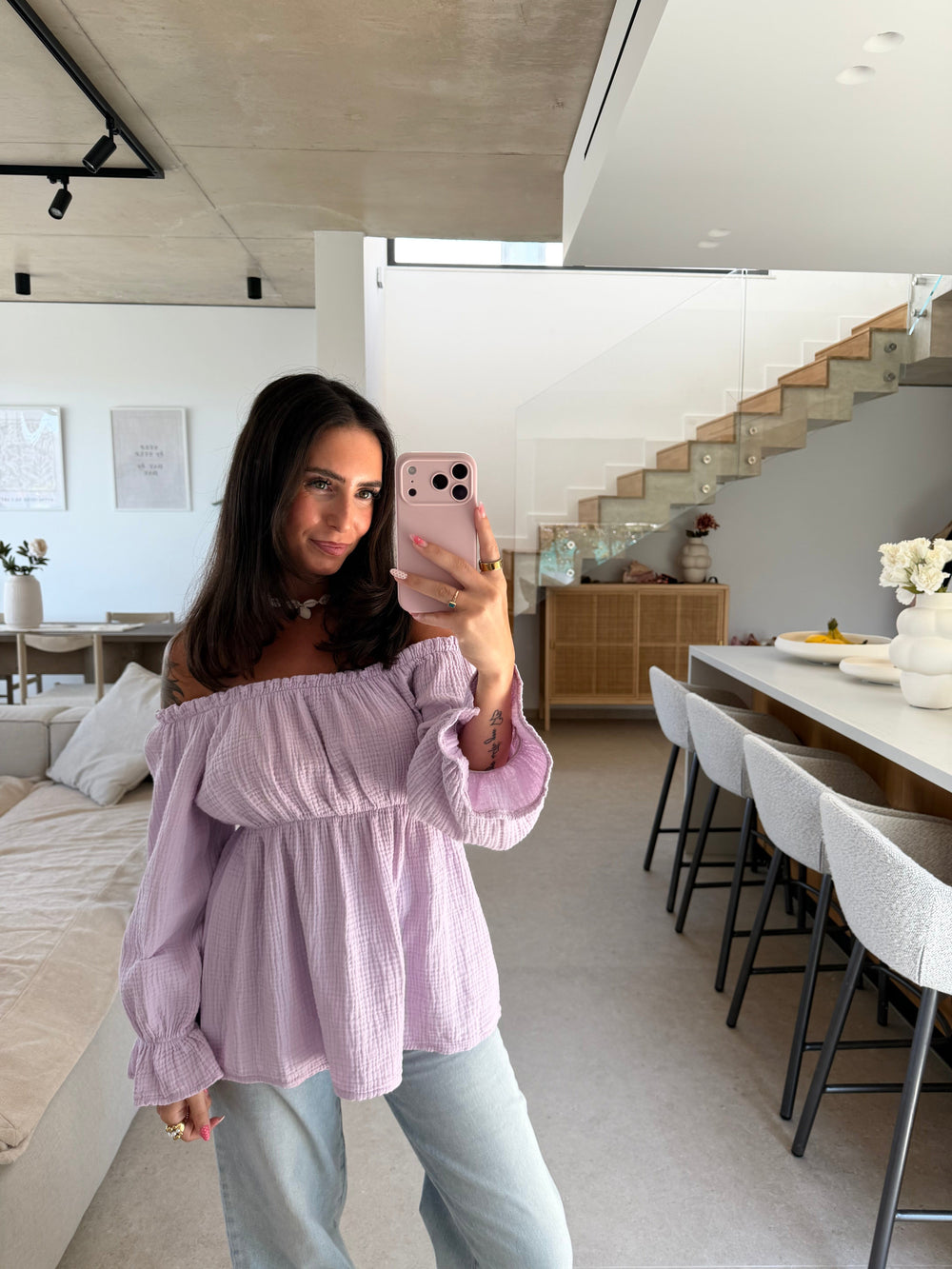 Off-Shoulder Musselin Bluse – Flieder Bluse Lisas Boutique 