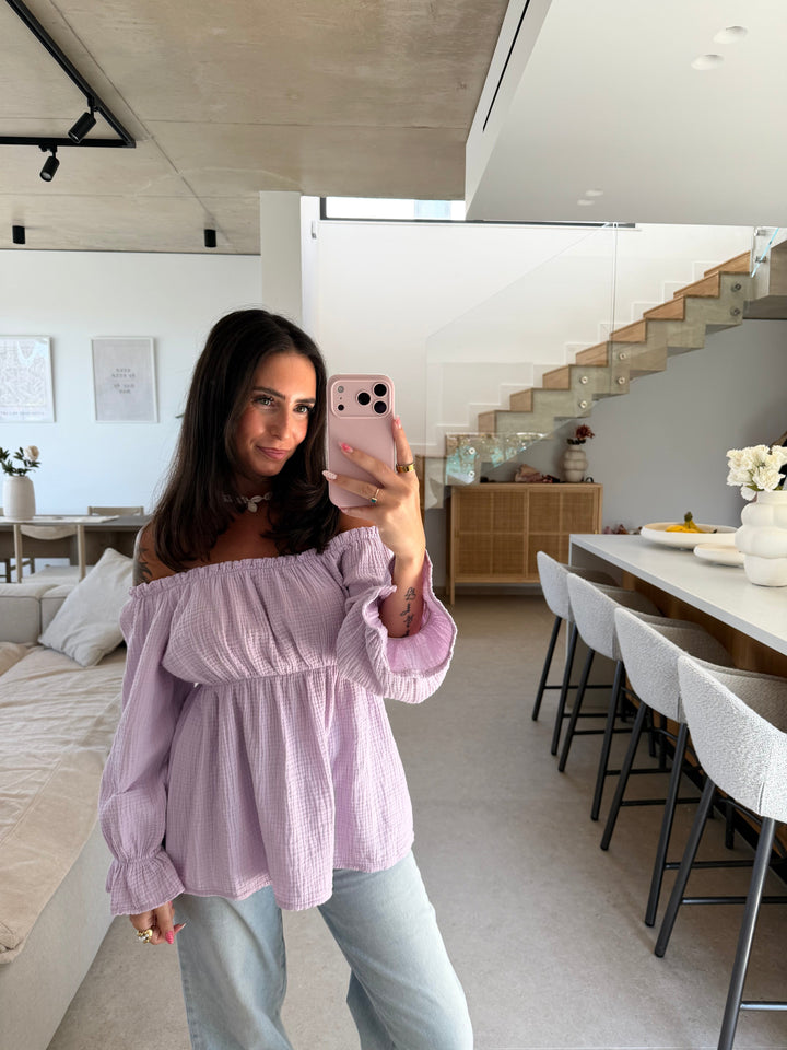 Off-Shoulder Musselin Bluse – Flieder Bluse Lisas Boutique 
