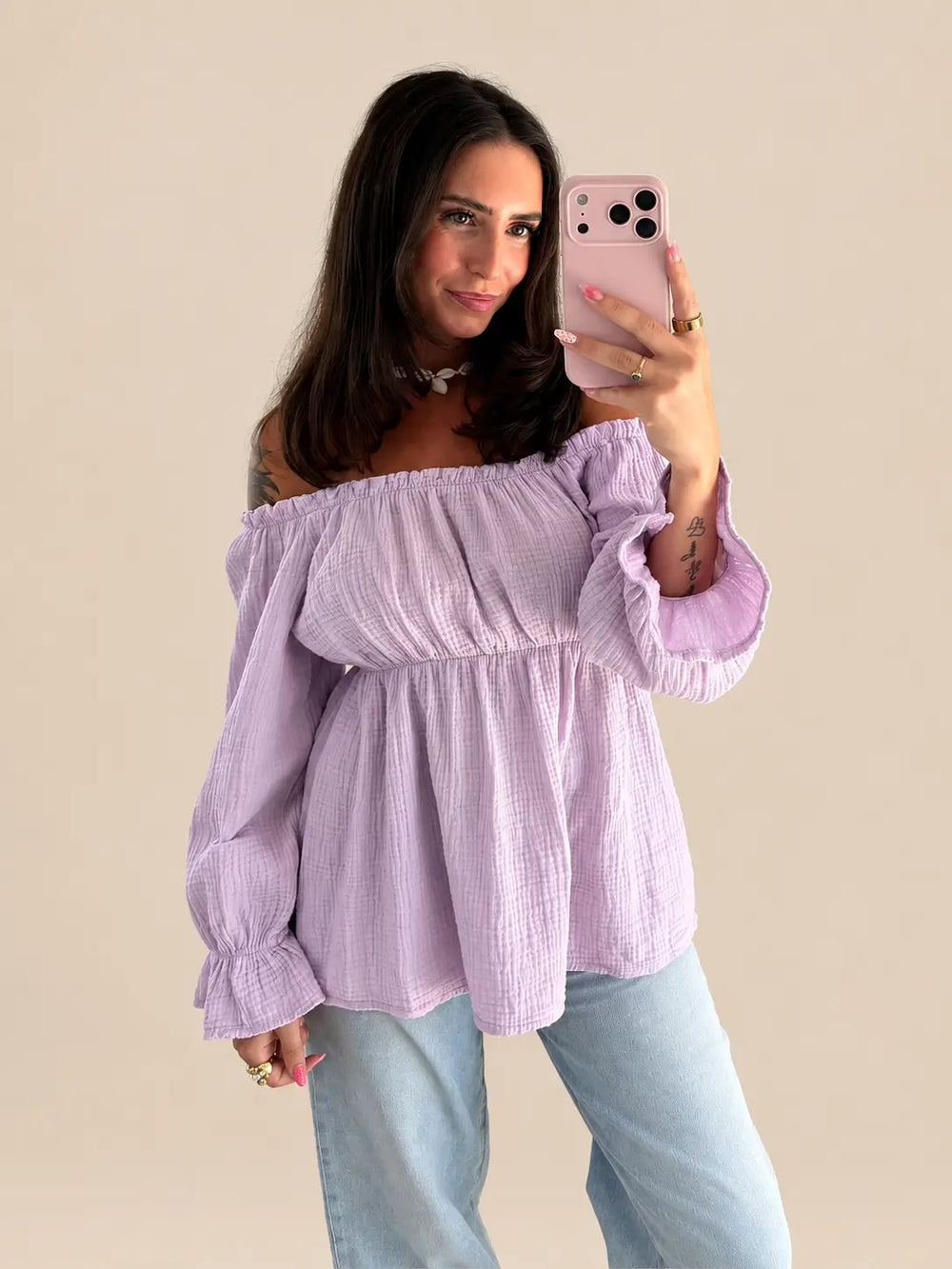 Women’s muslin blouse in Lilac, Detail view | Lisa’s Boutique