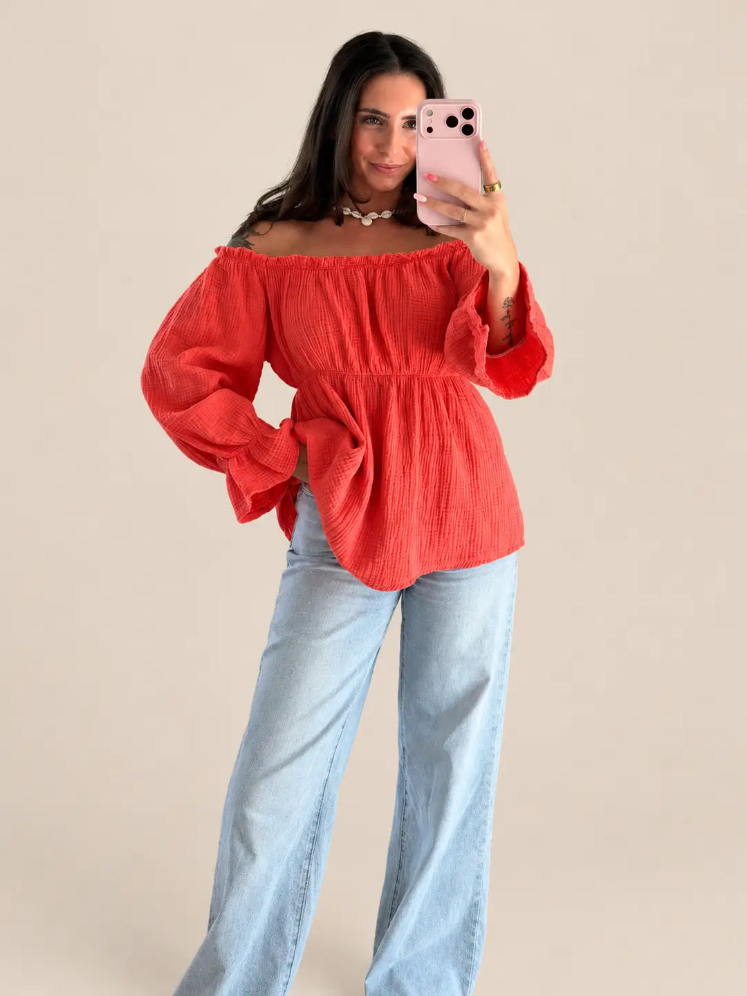 Women’s off shoulder muslin blouse in Coral | Lisa’s Boutique