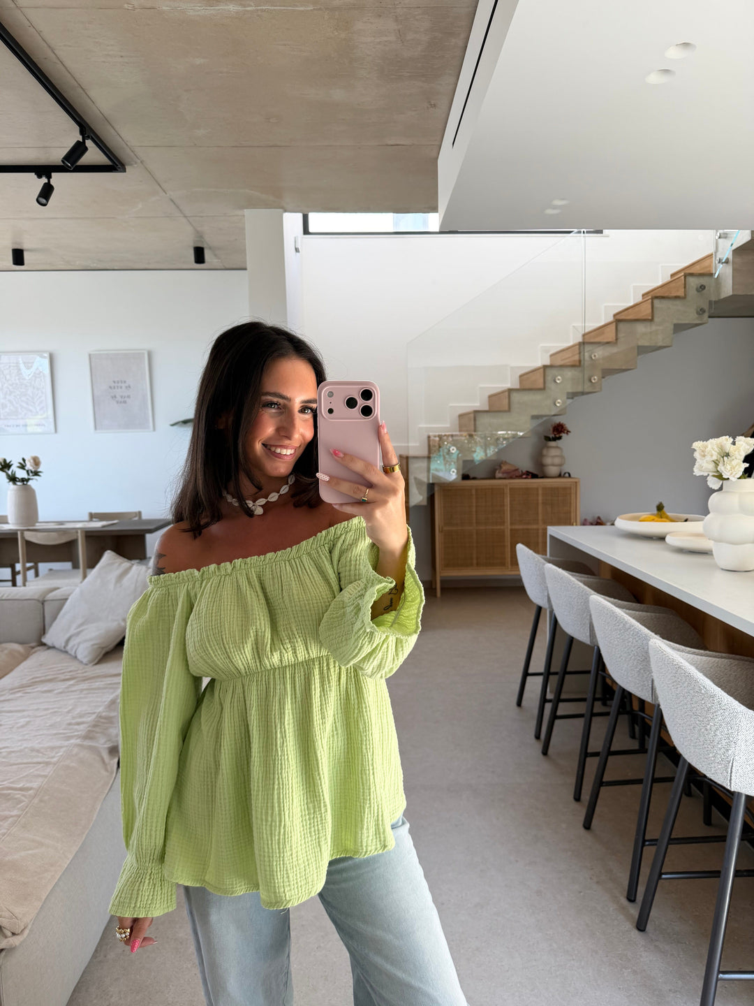 Off-Shoulder Musselin Bluse – Mintgrün Bluse Lisas Boutique 