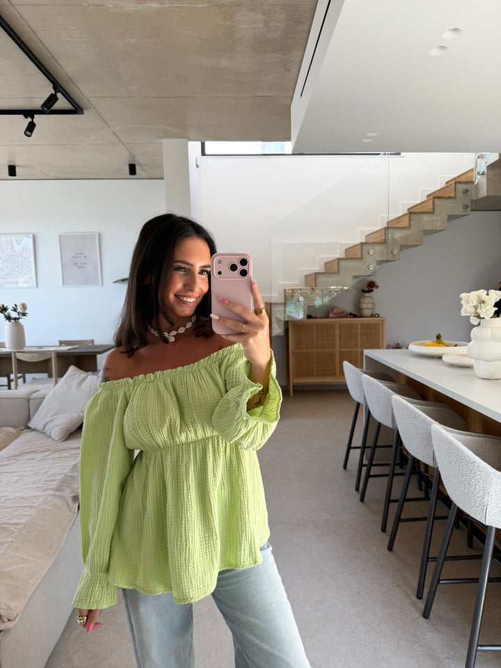 Off-Shoulder Musselin Bluse – Mintgrün Bluse Lisas Boutique 