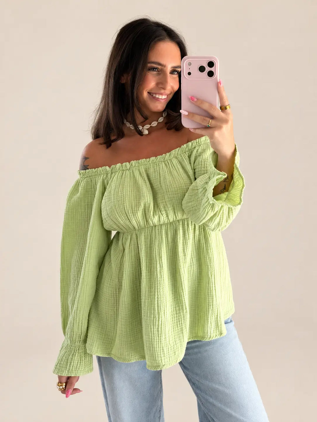 Women’s off shoulder muslin blouse in Mint Green | Lisa’s Boutique