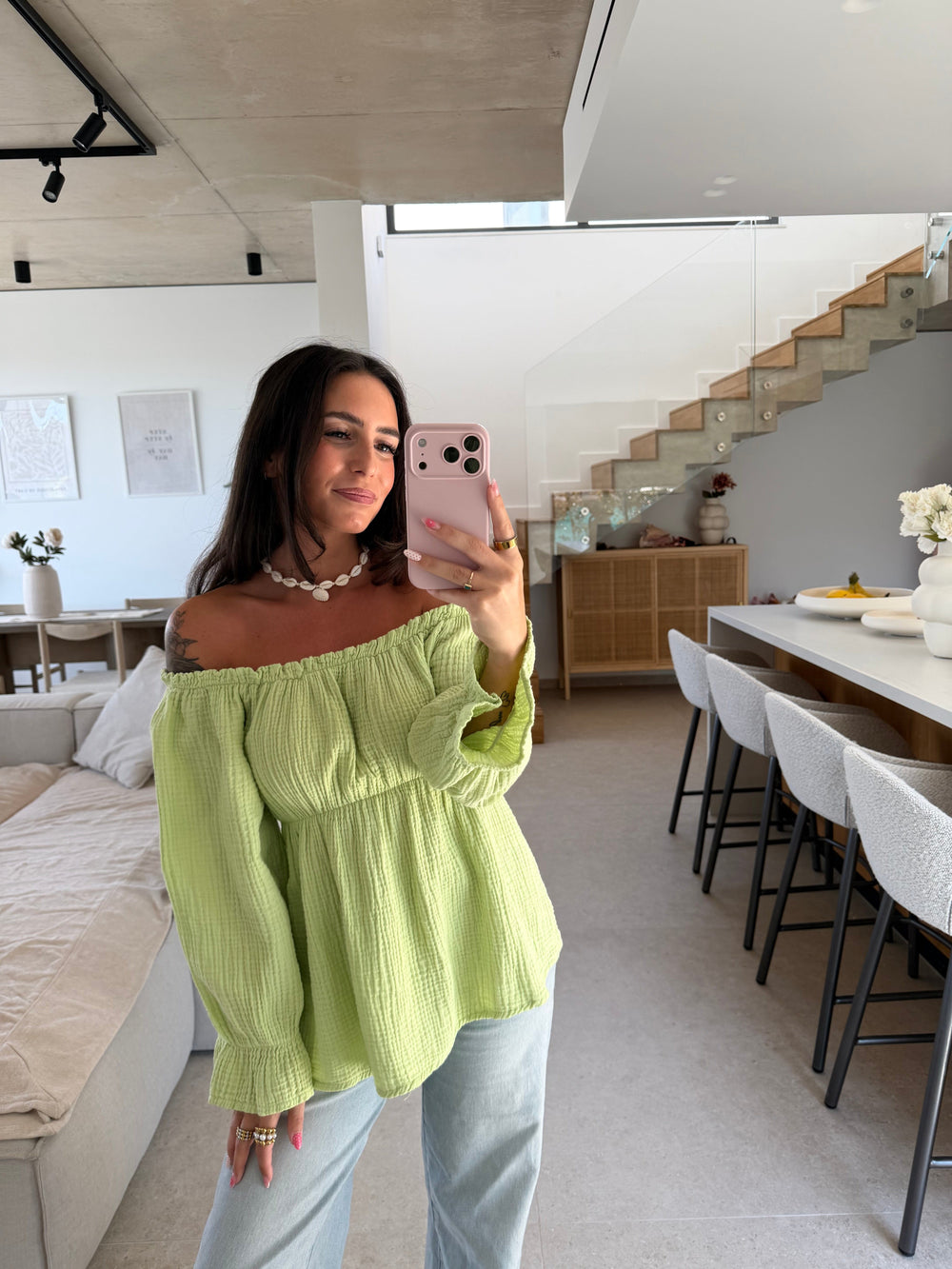 Off-Shoulder Musselin Bluse – Mintgrün Bluse Lisas Boutique 
