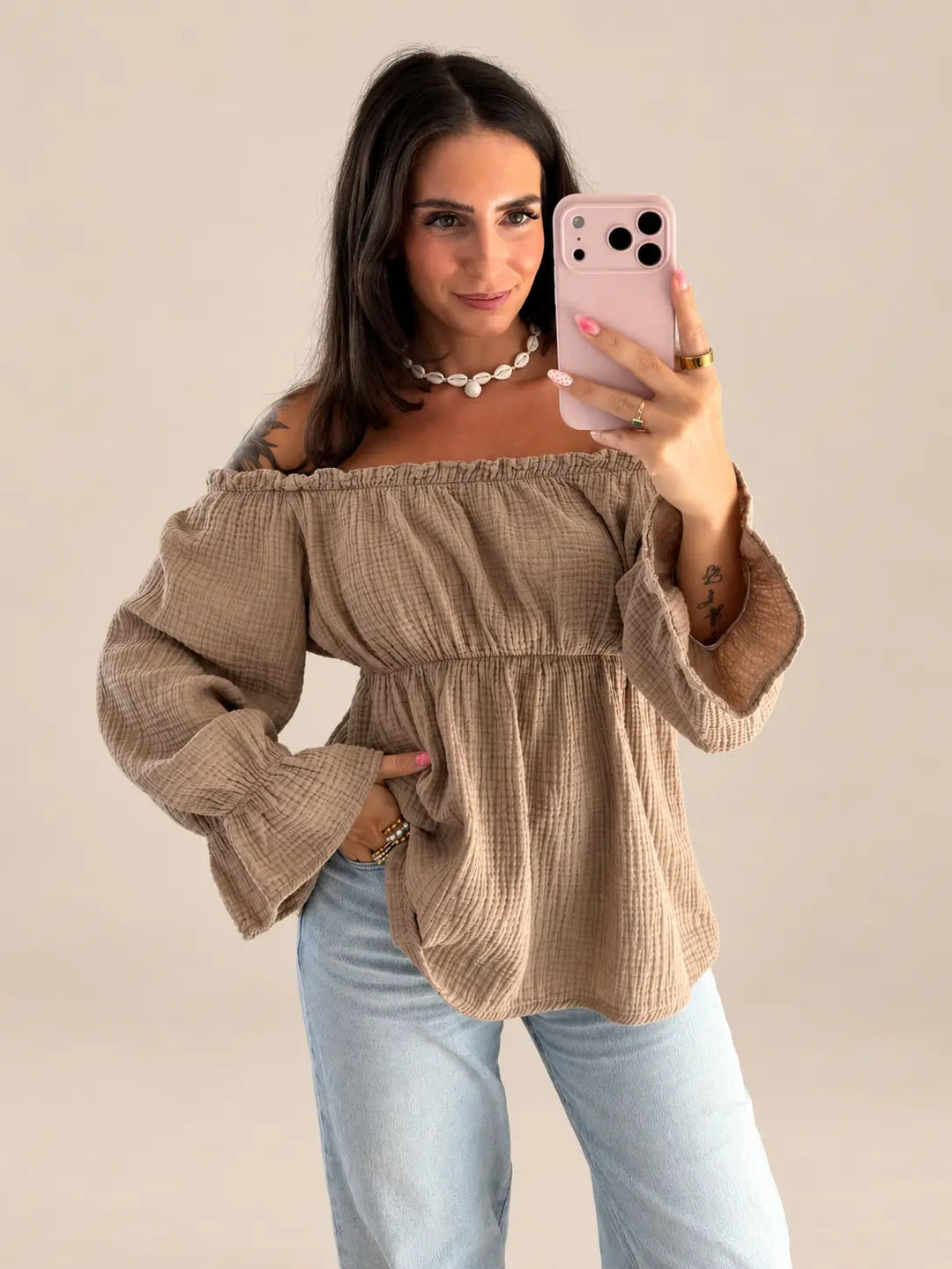 Women’s off shoulder muslin blouse in Taupe | Lisa’s Boutique