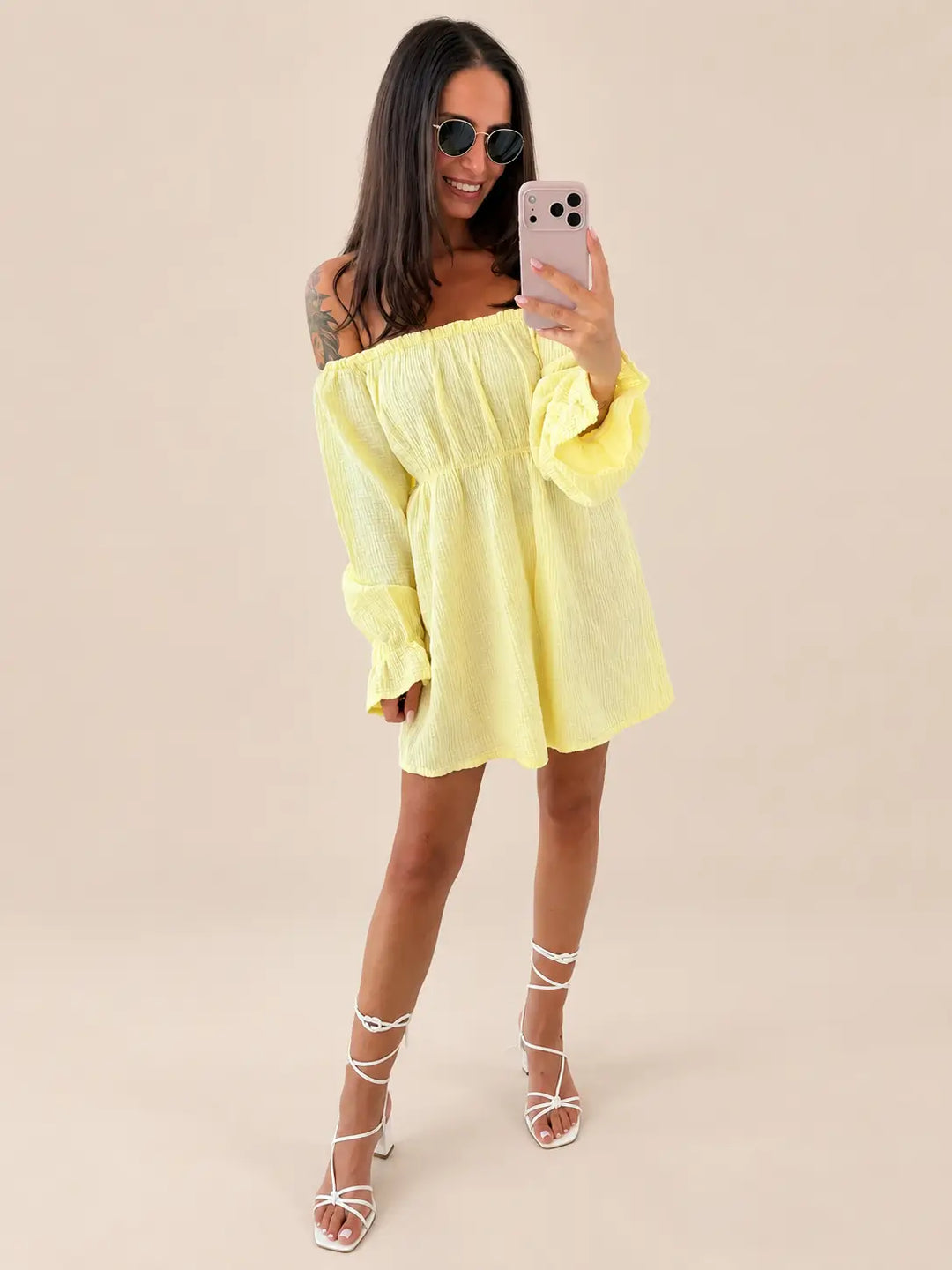 Off Shoulder Musselin Kleid Damen in Gelb | Lisa’s Boutique