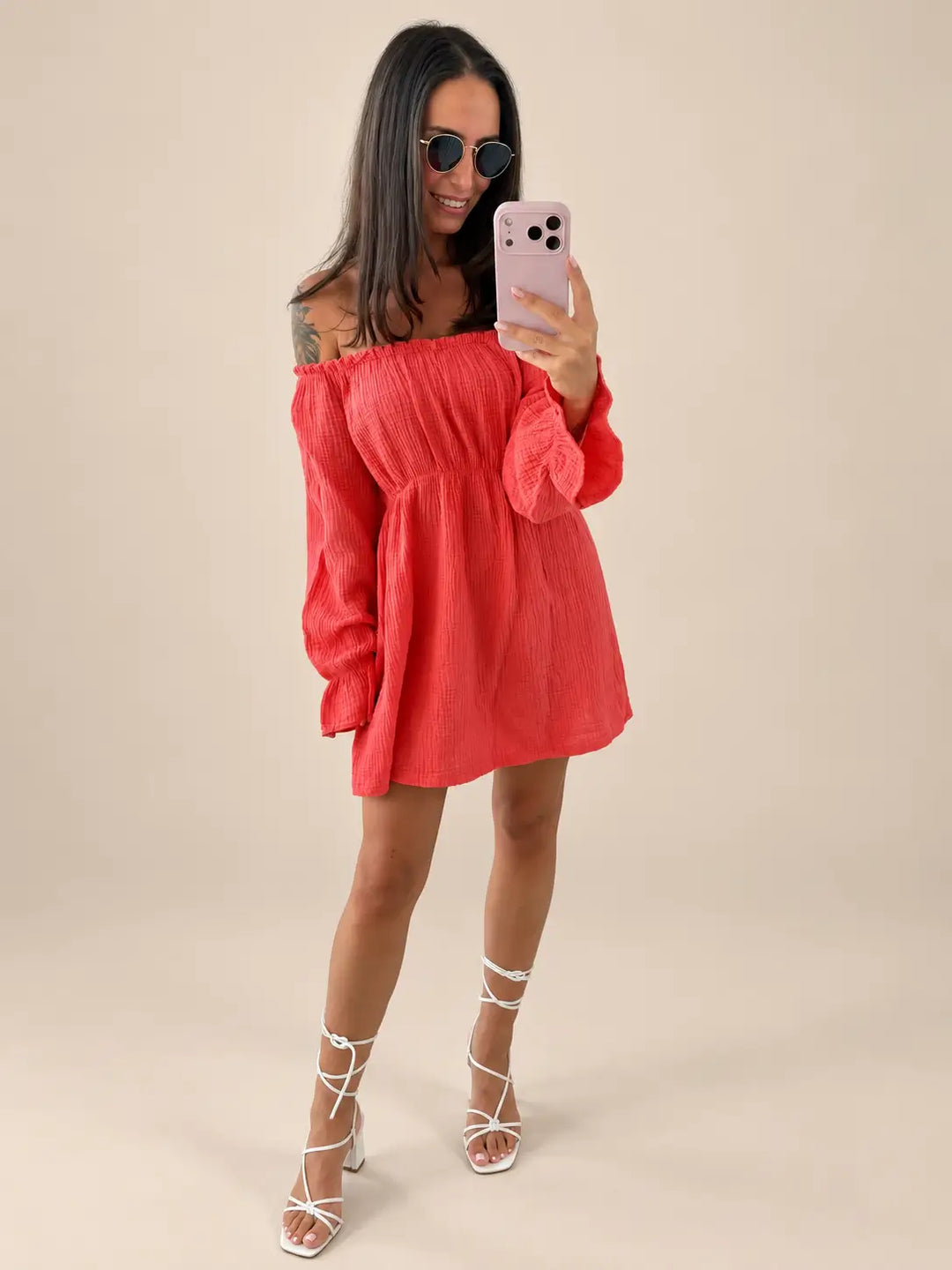 Off Shoulder Musselin Kleid Damen in Koralle | Lisa’s Boutique
