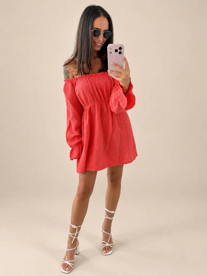 Off shoulder mousseline jurk dames in Koraal | Lisa’s Boutique