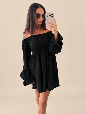 Off-Shoulder Musselin Kleid – Schwarz