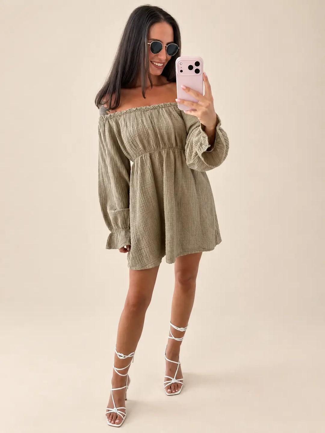 Off Shoulder Musselin Kleid Damen in Taupe | Lisa’s Boutique