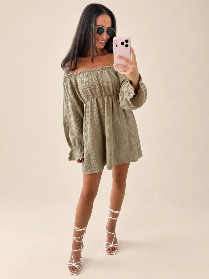 Off shoulder mousseline jurk dames in Taupe | Lisa’s Boutique