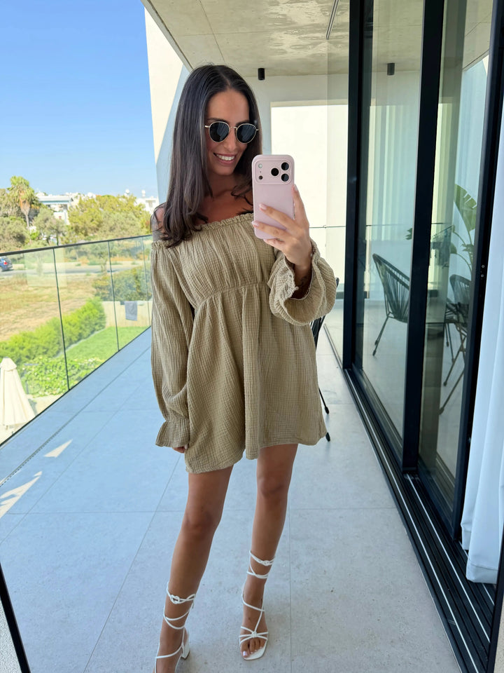 Off-Shoulder Musselin Kleid – Taupe Bluse Lisas Boutique 