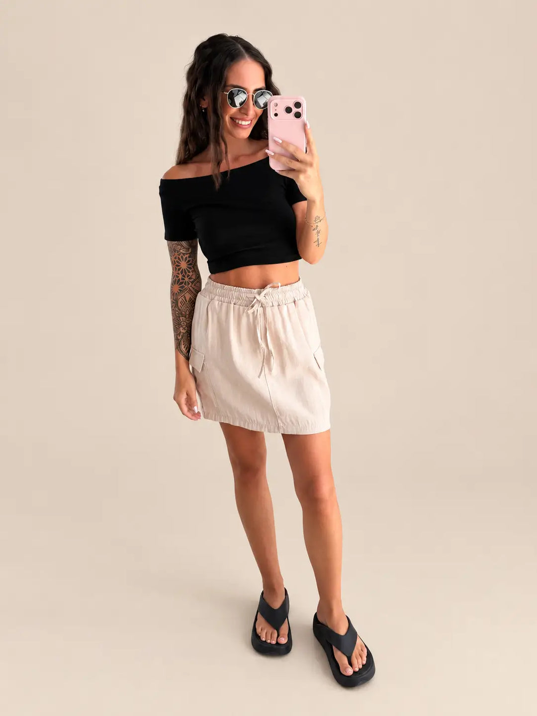 Off shoulder top dames in Zwart met cargorok, totaalbeeld | Lisa’s Boutique