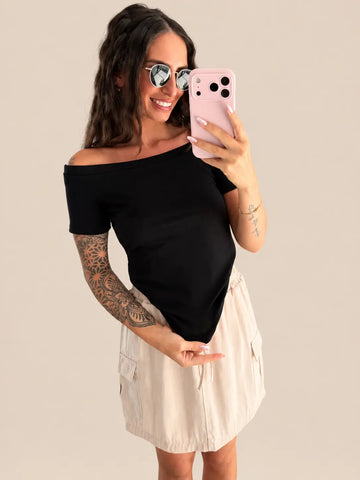 Off shoulder top dames in Zwart met blote schouders en fijne ribstructuur | Lisa’s Boutique