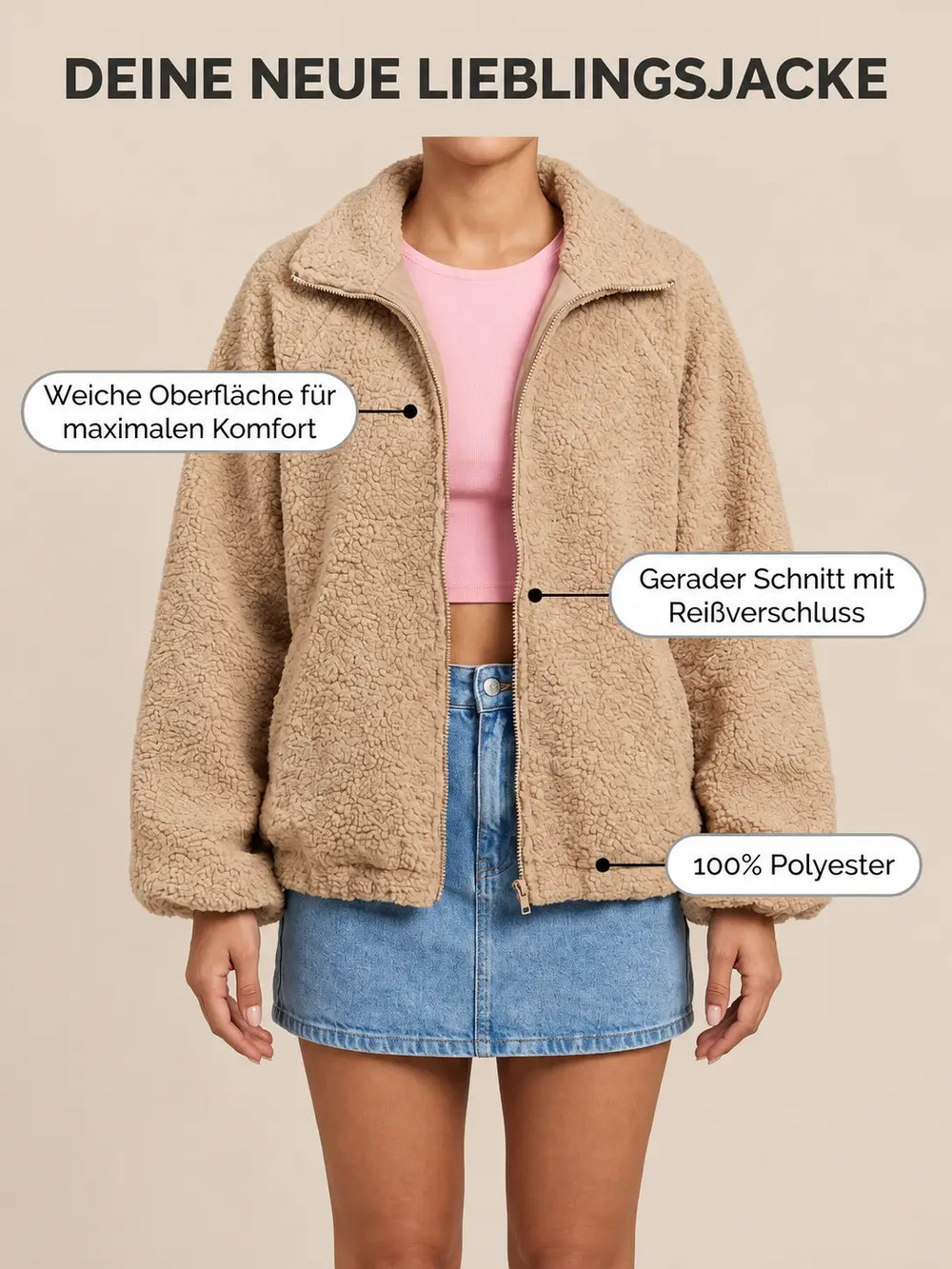 Women’s oversized jacket in Beige with a zip | Lisa’s Boutique