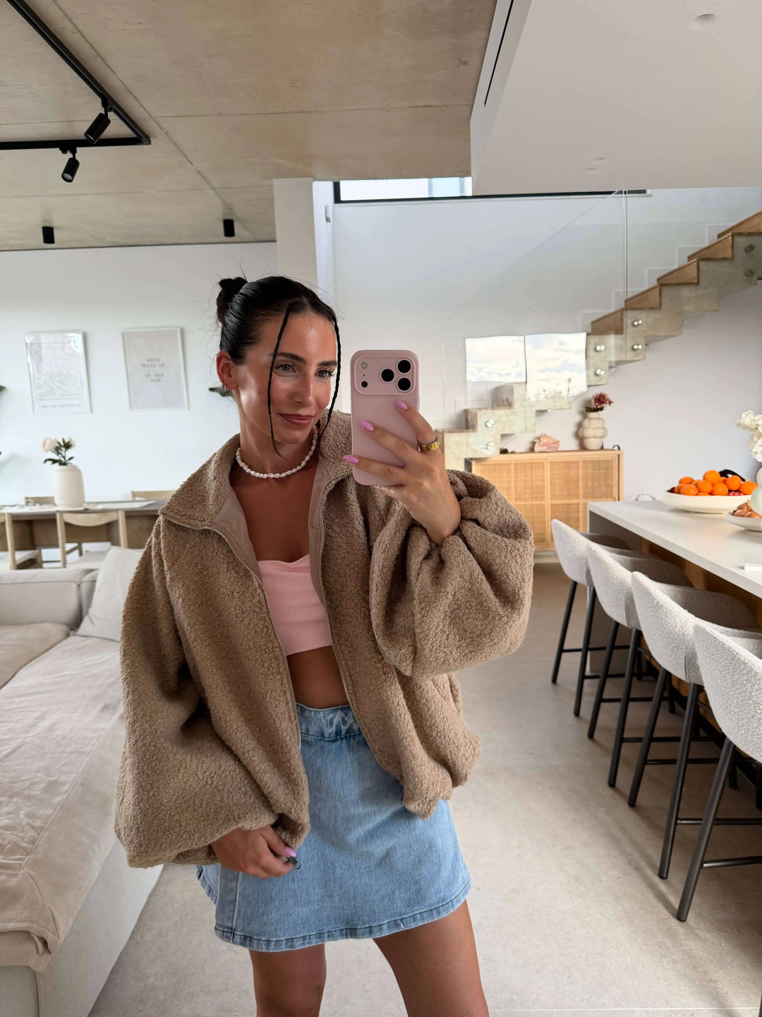 Oversized Zip Jacket – Beige – on a model | Lisa’s Boutique
