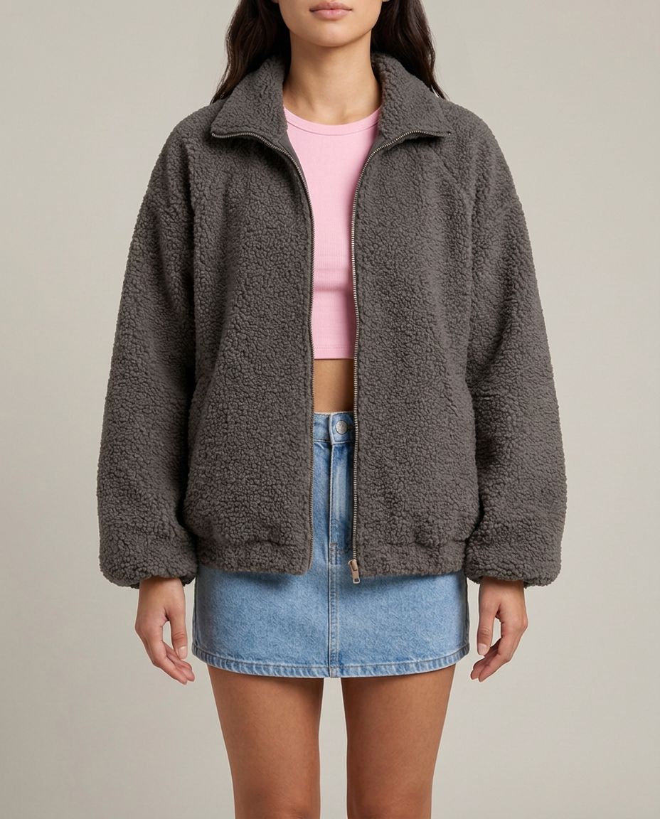Graue Oversize Jacke mit Reißverschluss Detailansicht | Lisa’s Boutique