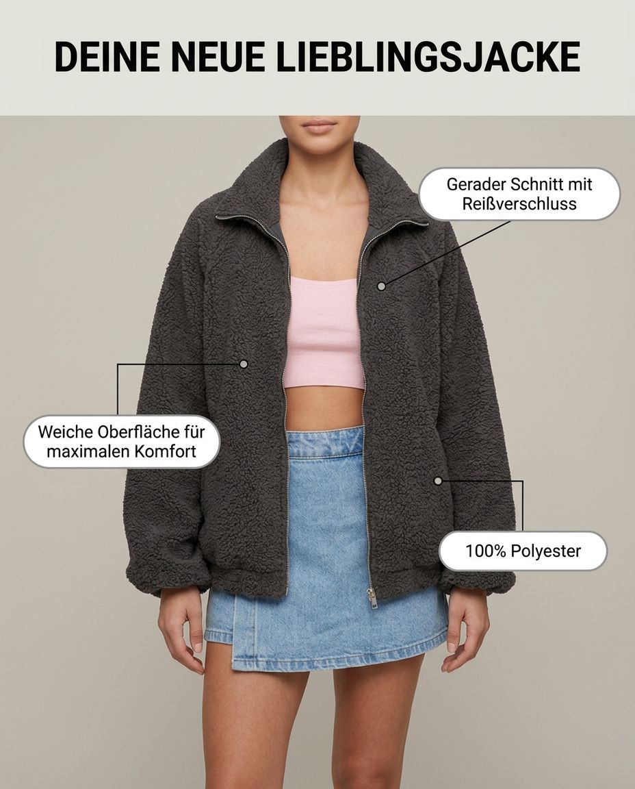 Graue Oversize Jacke mit Reißverschluss | Lisa’s Boutique