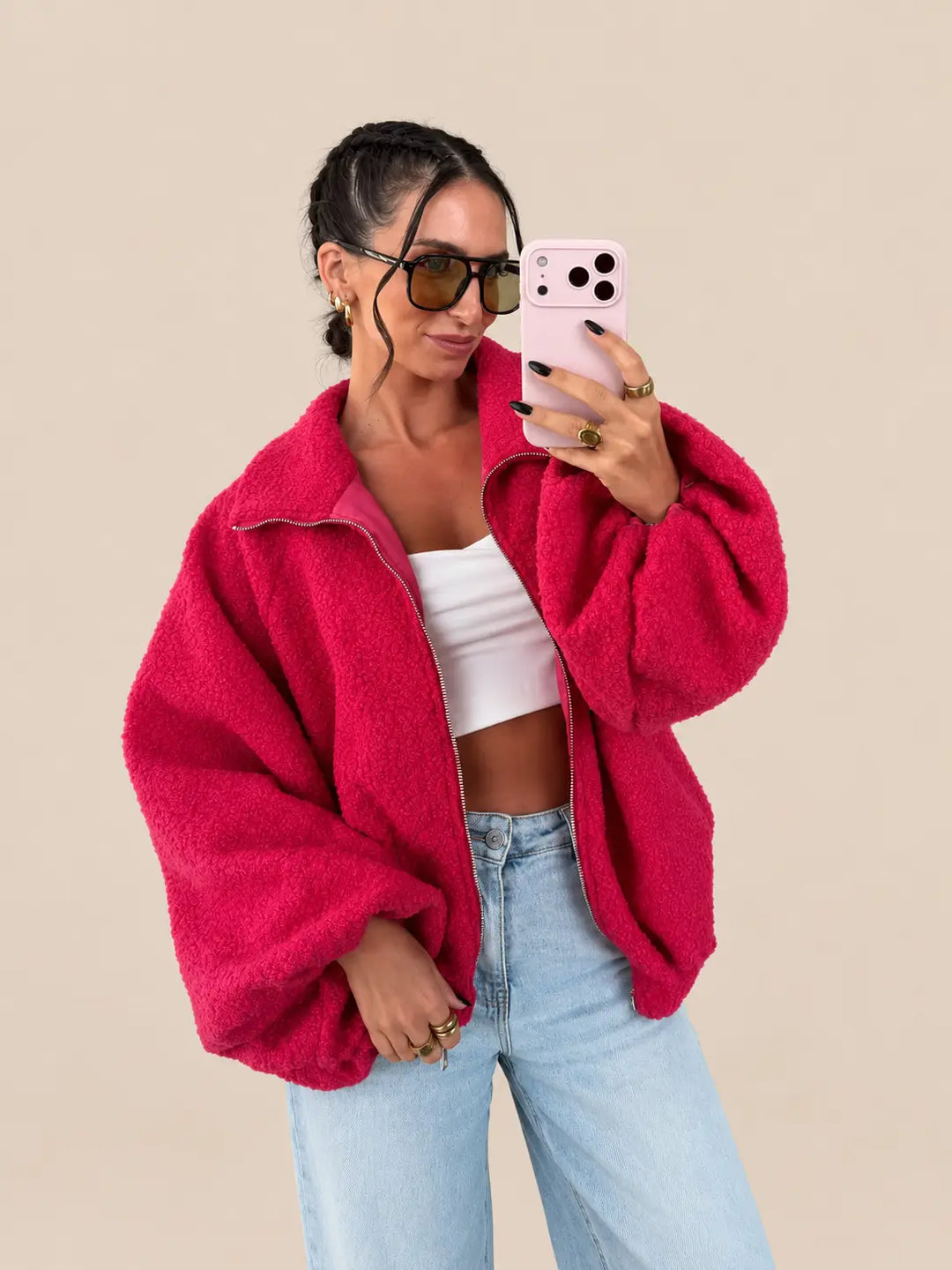Oversize jacket women’s in pink teddy fleece, worn open with light jeans | Lisa’s Boutique