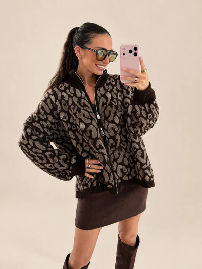 Oversize Panterprint Vest met Rits – Bruin