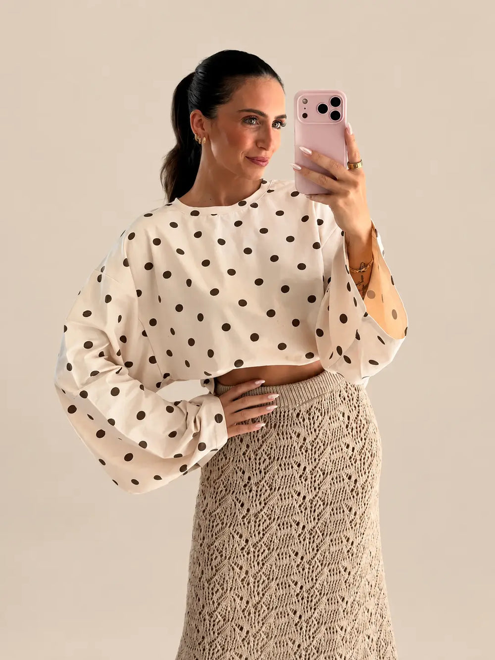 Oversized polka-dot long-sleeved top in beige