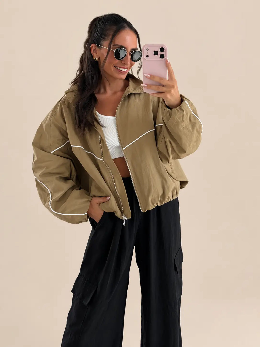 Women’s oversized blouson jacket in camel with contrast piping | Lisa’s Boutique