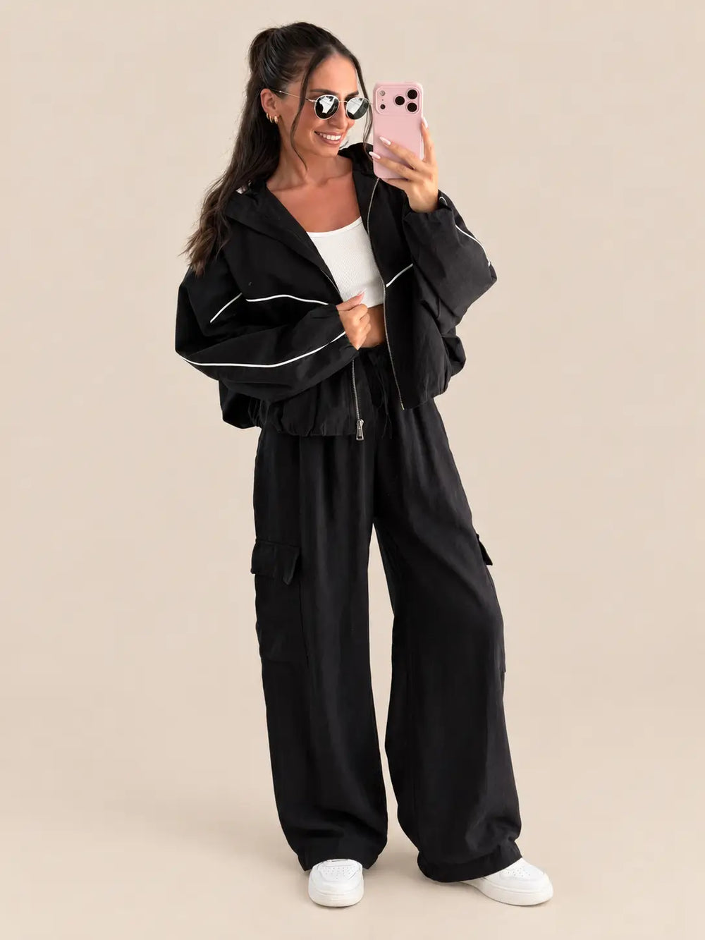 Women’s oversized blouson jacket in black, full outfit view | Lisa’s Boutique