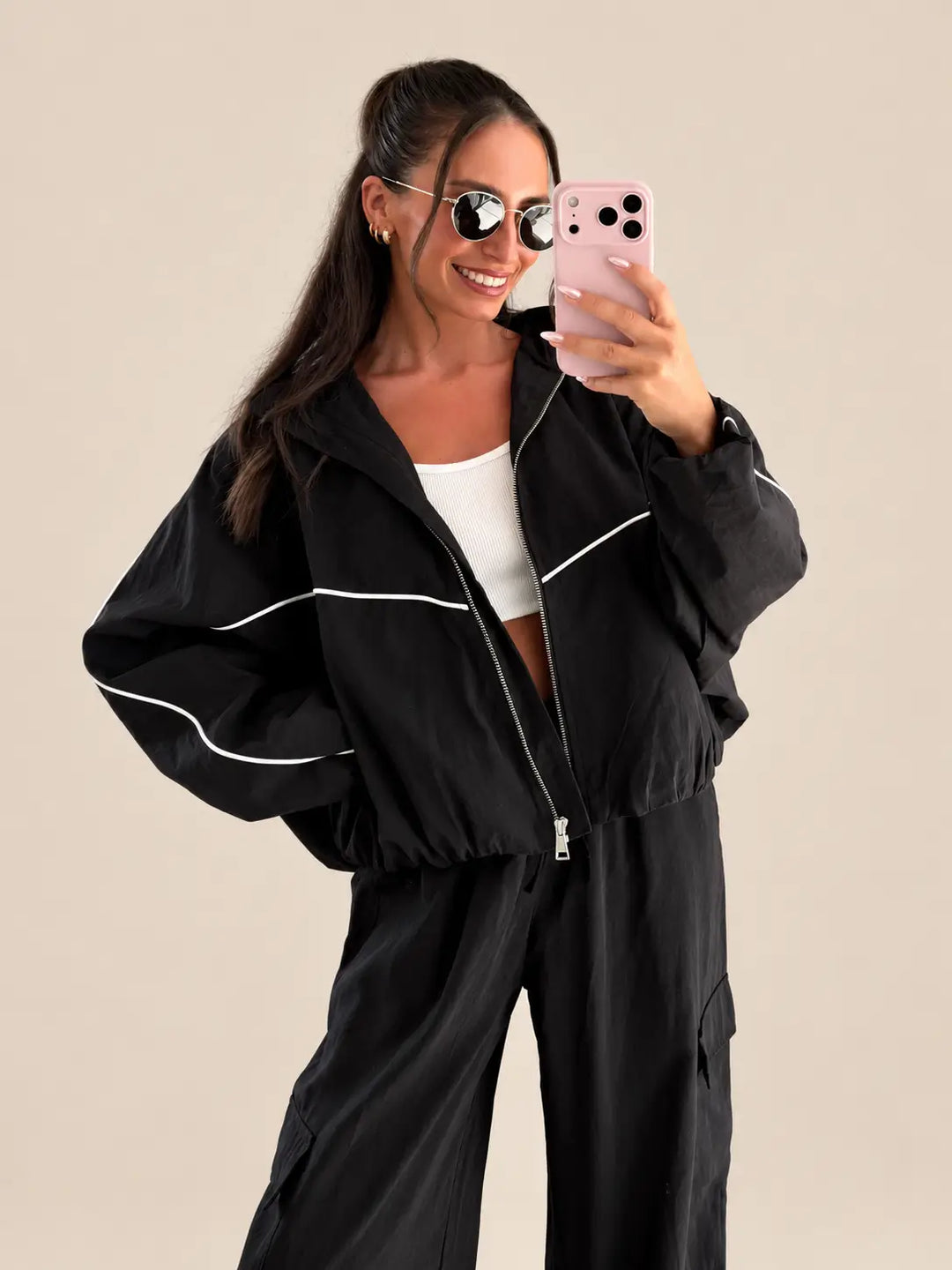 Women’s oversized blouson jacket in black with contrast piping | Lisa’s Boutique