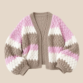 Strickjacke mit Streifen in Rosa, Weiß und Taupe – Lisa’s Boutique