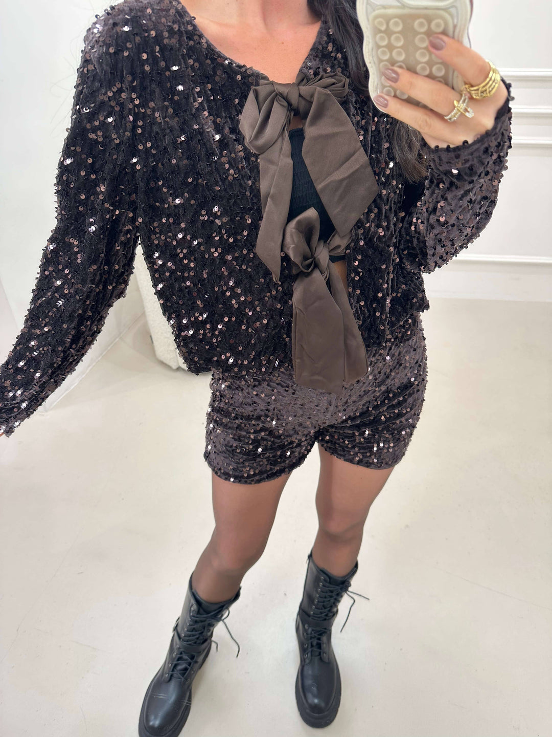 Pailletten Bluse mit Schleifen Braun Bluse Lisas Boutique 