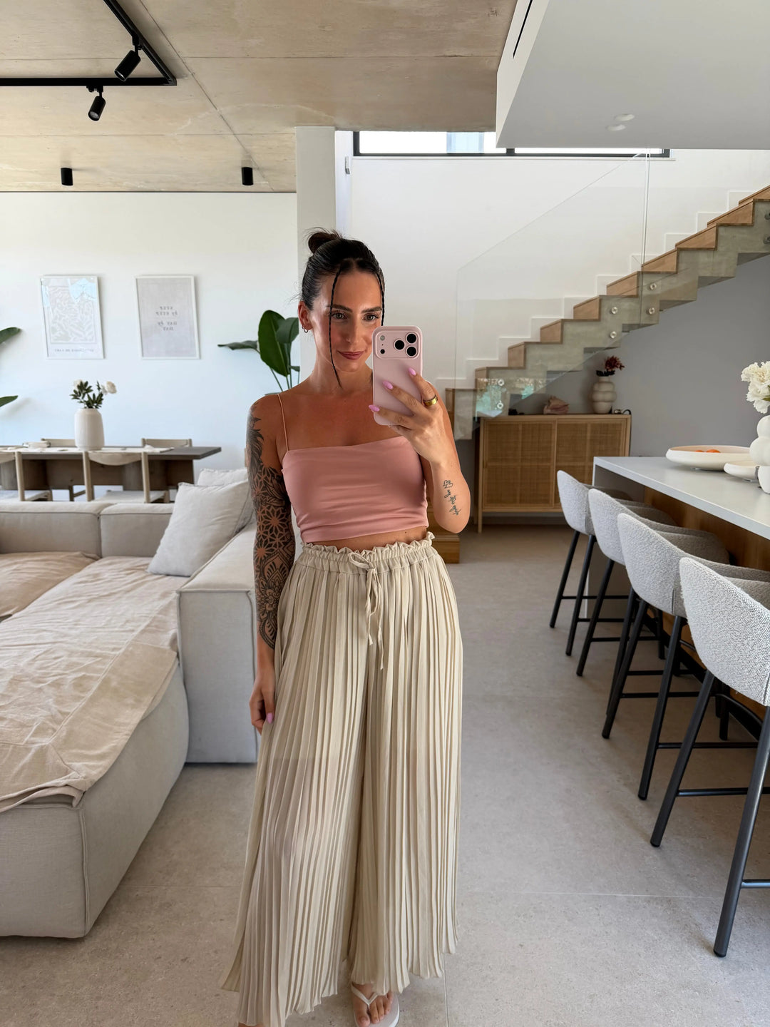 Pleated Trousers – Beige – on a model | Lisa’s Boutique