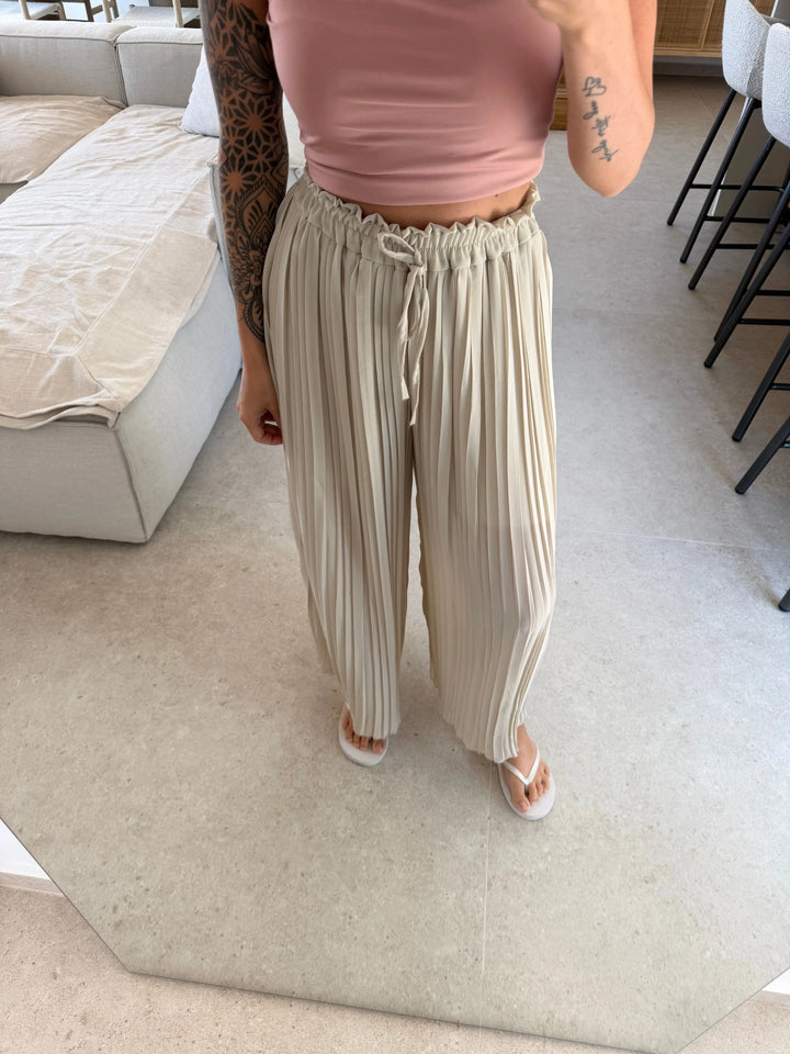 Pleated Trousers – Beige – close-up on a model | Lisa’s Boutique