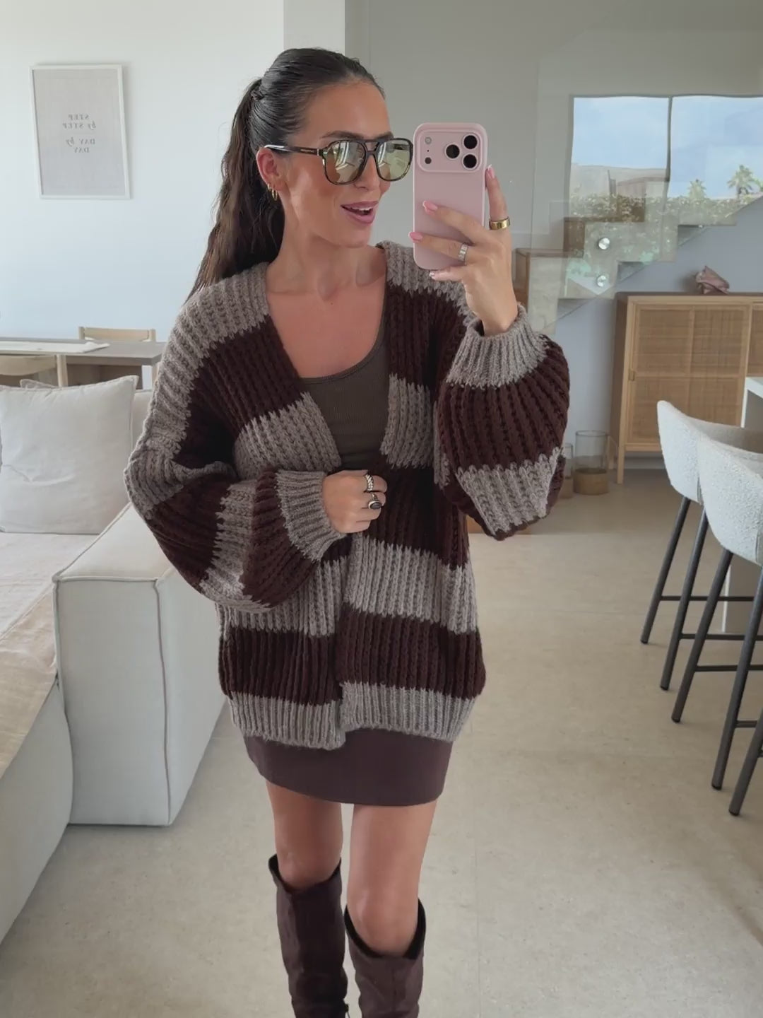 Striped Knitted Cardigan – Taupe/Brown