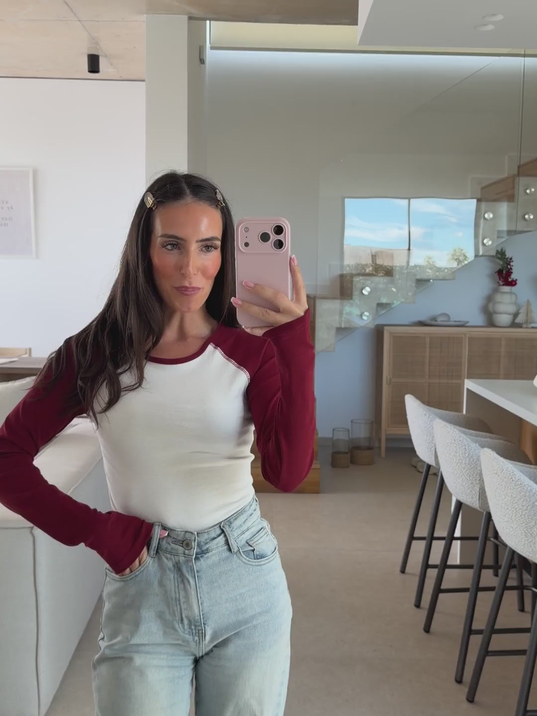 Longsleeve Colourblock – Bordeaux/Weiß