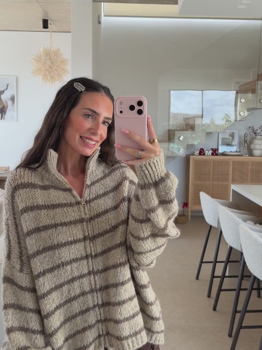 Gilet zippé rayé – Beige
