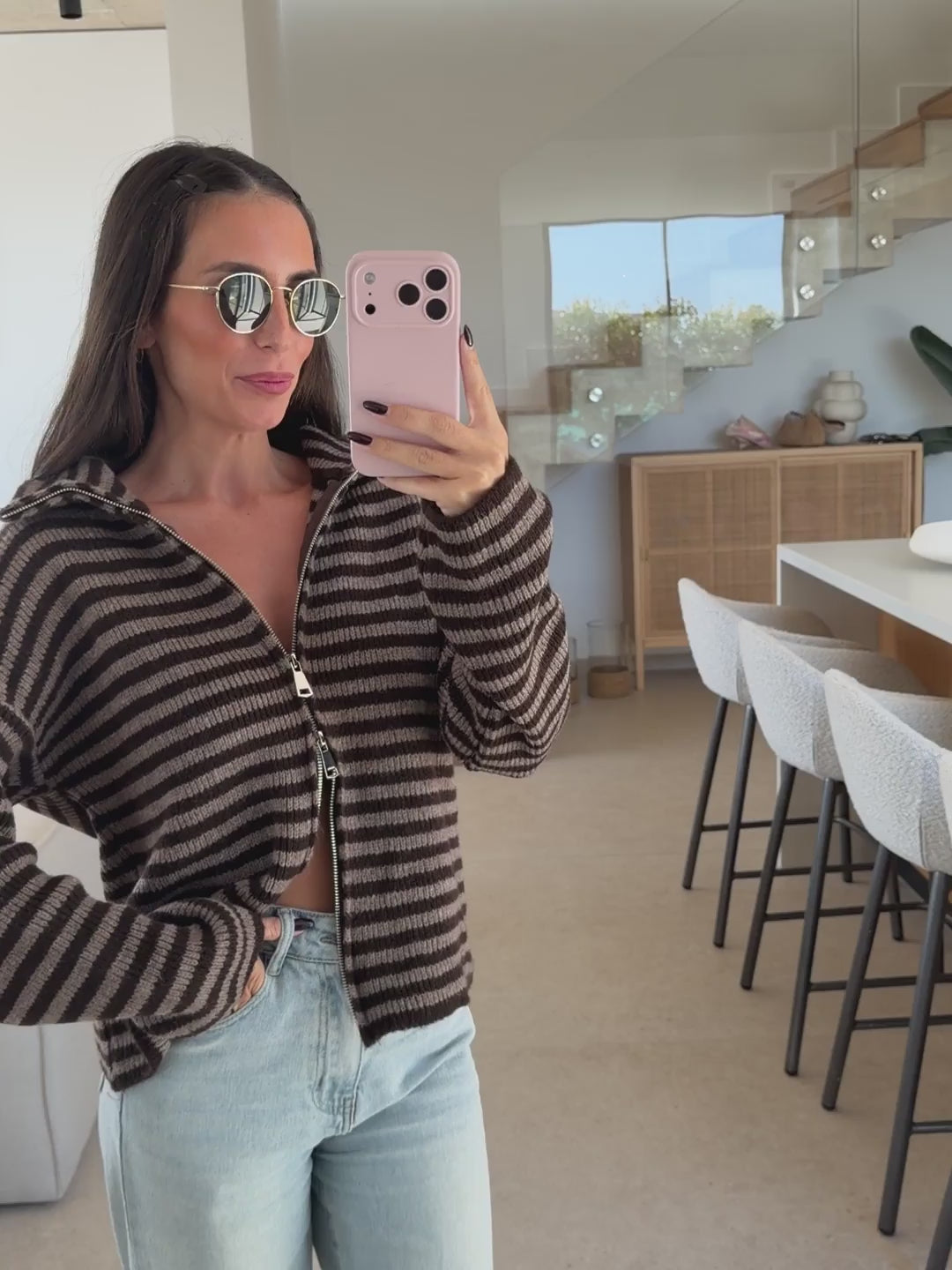 Strick Cardigan Damen in Braun und Taupe mit Reißverschluss, Video am Model | Lisa’s Boutique