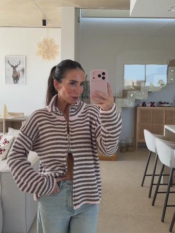Strick Cardigan mit Reißverschluss – Taupe/Rose | Lisa’s Boutique