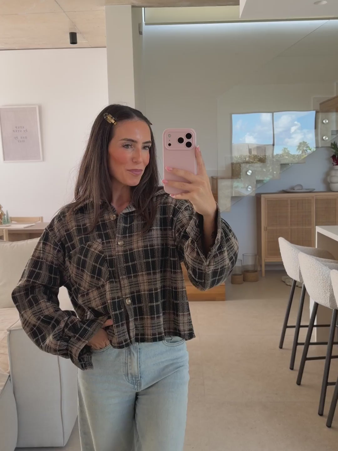 Cropped Checked Shirt – Beige/Brown