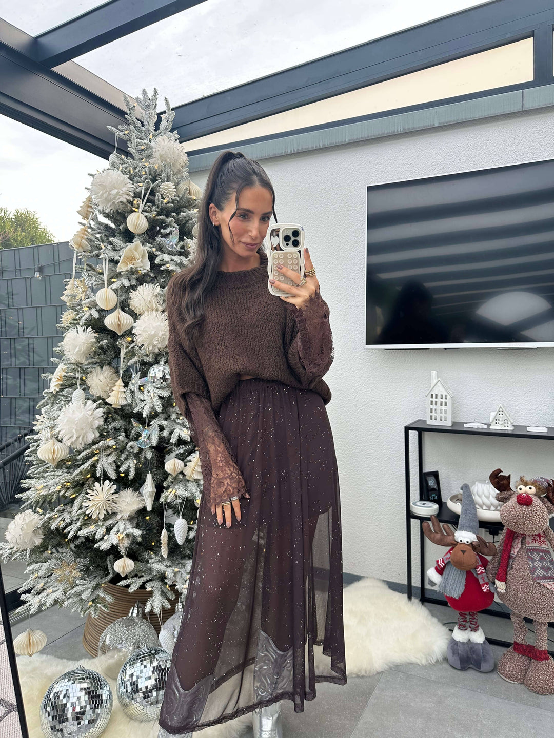 Pullover mit Spitzenärmeln Braun Pullover Lisas Boutique 