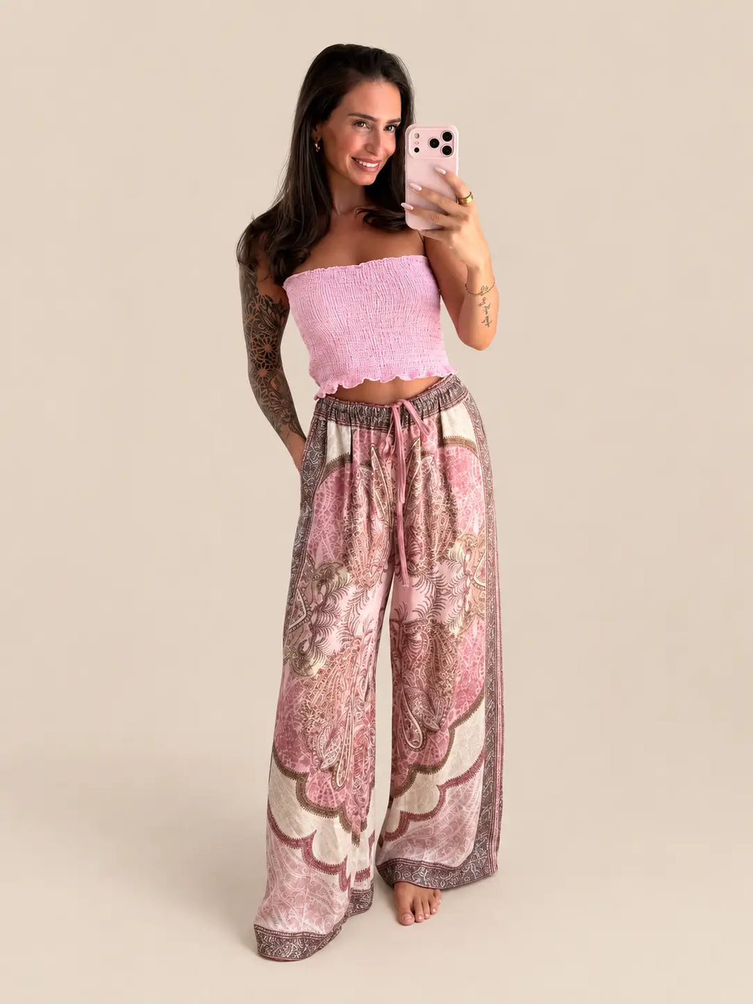 Women’s satin trousers in Rose with a paisley print and a rose tube top | Lisa’s Boutique