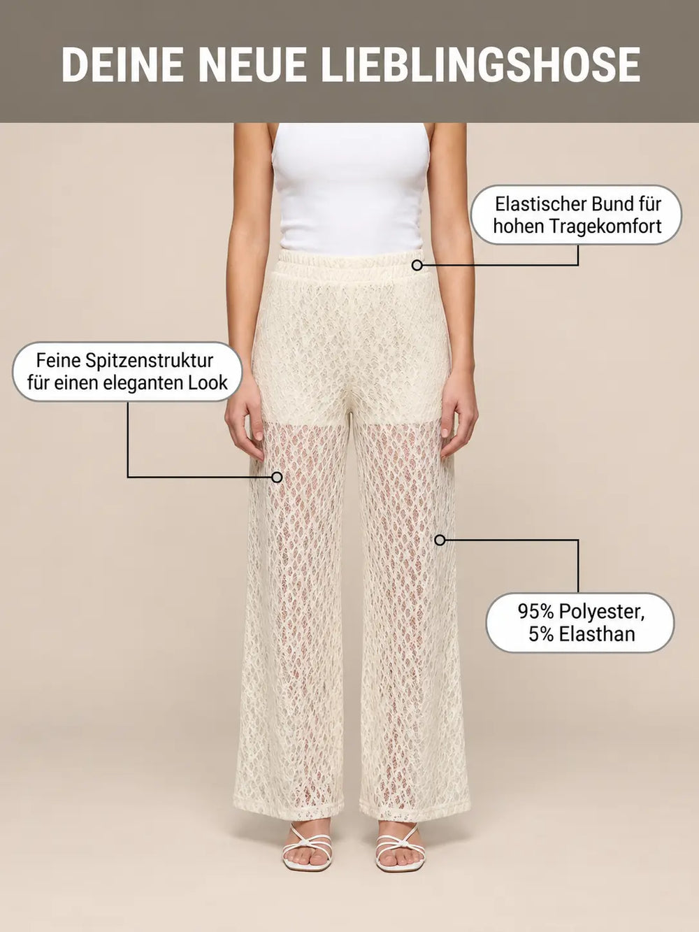Women’s lace trousers in Cream, Front view | Lisa’s Boutique