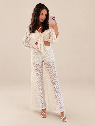 Women’s lace long sleeve top in Cream with a knot detail and lace trousers | Lisa’s Boutique